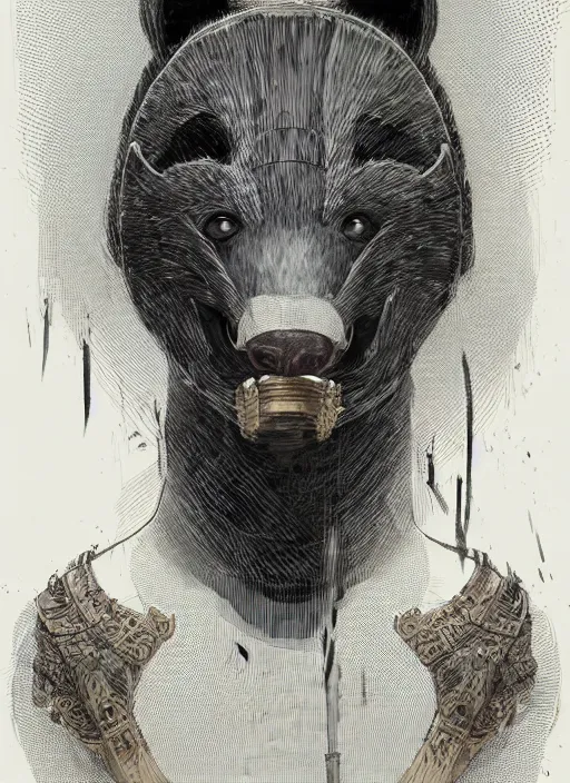Image similar to a fantasy character illustration portrait of an anthropomorphic badger warrior, by victo ngai, by stephen gammell, by george ault, artstation