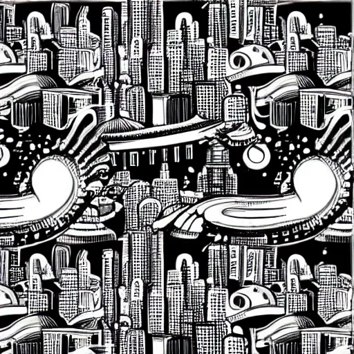 Image similar to black and white alien molluscan cityscape