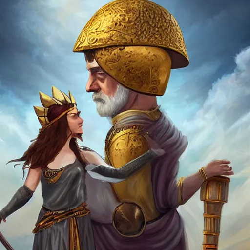 Image similar to tiny Emma Stone as ancient greek woman in golden helmet standing on giant grey-haired bearded male face in the sky, epic fantasy style art, fantasy epic digital art