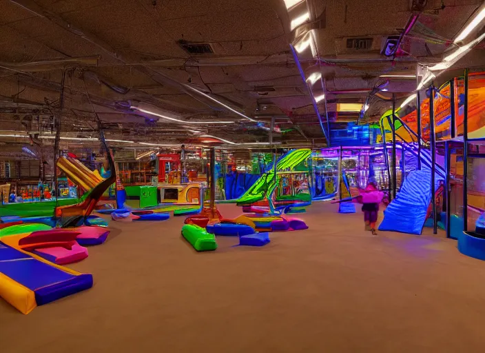 Prompt: photo of a liminal indoor playground at night.