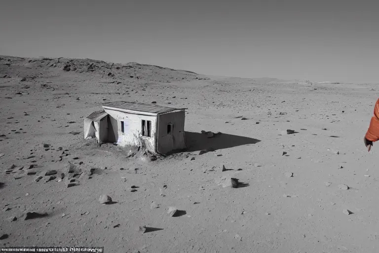 Image similar to an old rickety Soviet village house stands alone on Mars next to which a local resident stands and waves his hand, colourful