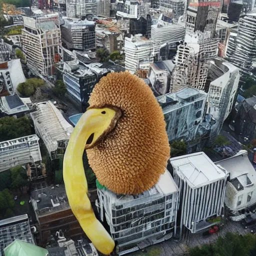Image similar to giant kiwi bird destroying a city