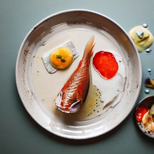 Prompt: high resolution photo of fish with ice cream, michelin star, very tasty, food photography, instagram, trending