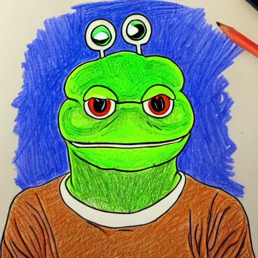 Image similar to pepe the frog from 4chan smirking, coloured pencil sketch in the style of matt furie feels good man, shadows, cool, hand drawn