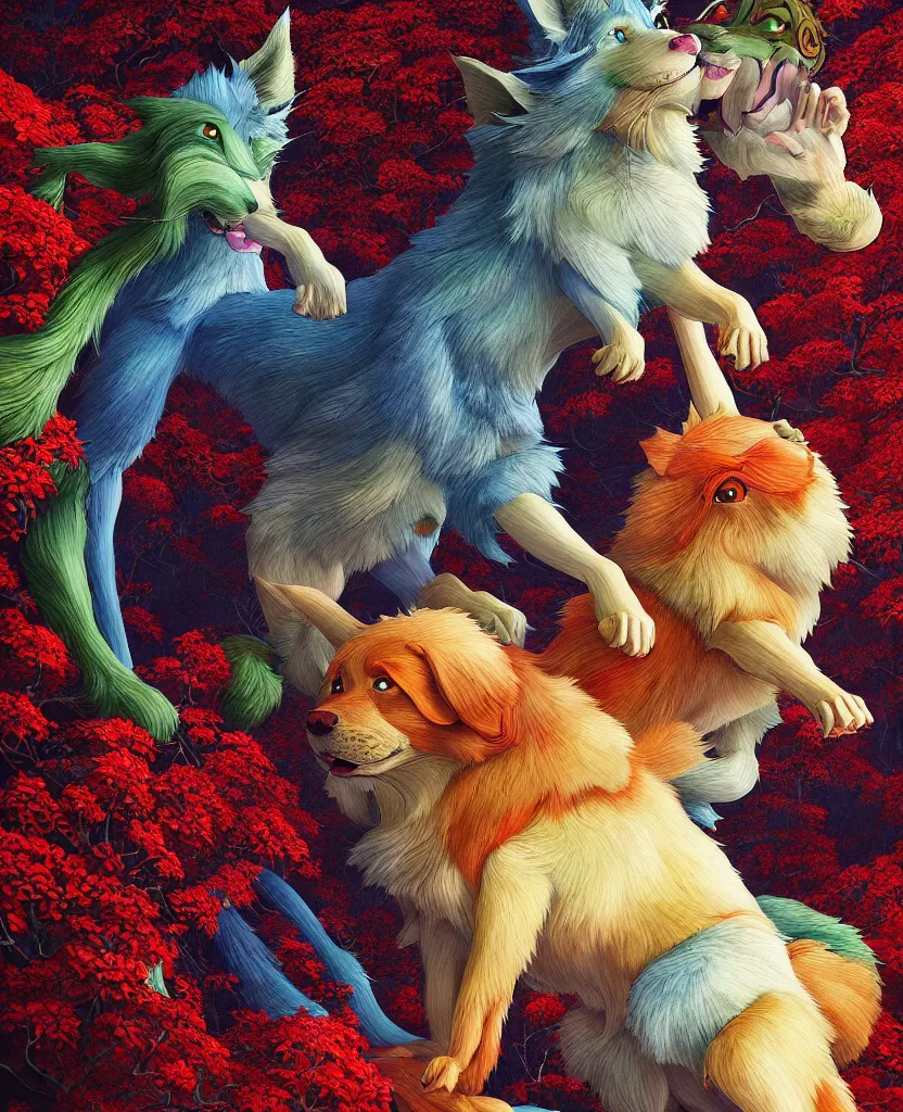 Image similar to beautiful painting cell shading from the anime film by studio ghibli, red anthropomorphic dog slitscan video effect, painting by Raqib shaw, detail fur,