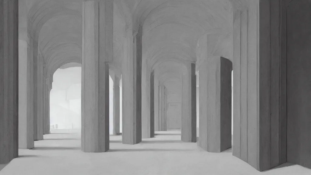 Image similar to minimalist industrial interior hallway with monolithic pillars in the style of ridley scott and stanley kubrick, impossible architecture, realistic detailed painting by edward hopper