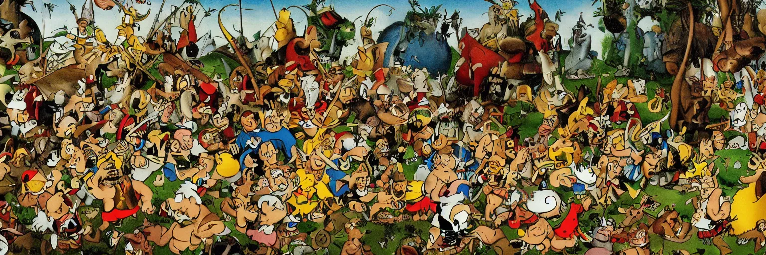 Prompt: Asterix and Obelix in the Garden of Earthly Delights. highly detailed, Tintin, Snowy, Professor Calculus