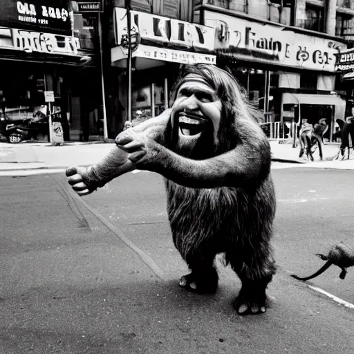 Image similar to Caveman laughing while hunting mammoth in the streets of New York