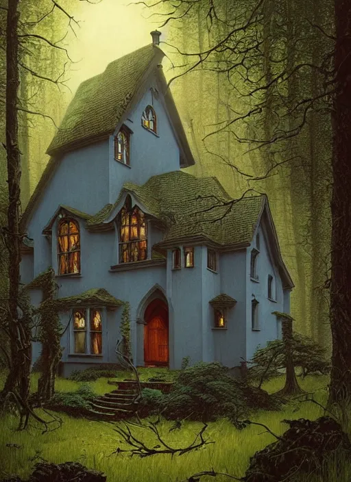 Image similar to hyper realistic witchy modern gothic house with mood lighting and tech in the woods gorgeous lighting, sunbeams blue sky, highly detailed, lush forest foliage painting by zdzisław beksinski and norman rockwell and greg rutkowski weta studio, and lucasfilm