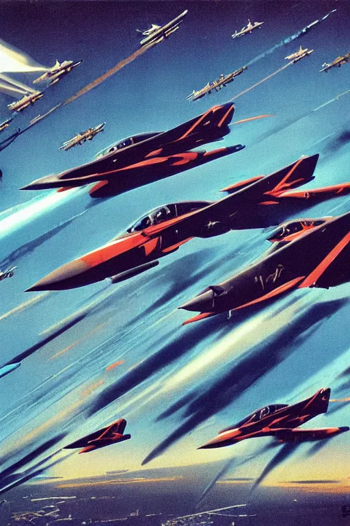 Prompt: a group of fighter jets flying next to each other, poster art by syd mead, behance, retrofuturism, dynamic composition, poster art, glitch art