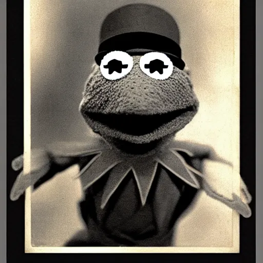 Prompt: vintage hollywood photo of kermit the frog wearing a fedora, 1 0 0 mm