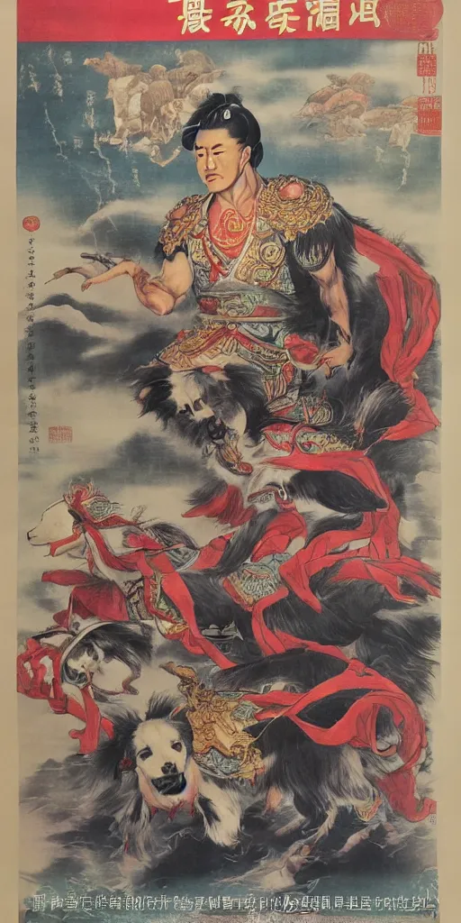 Prompt: chinese propaganda poster with dog as a god as the centerpiece, detailed face, gorgeous, amazing, flowing hair, very muscular male body, caesar victorious, proud emperor, crepuscular ray, intricate, highly detailed