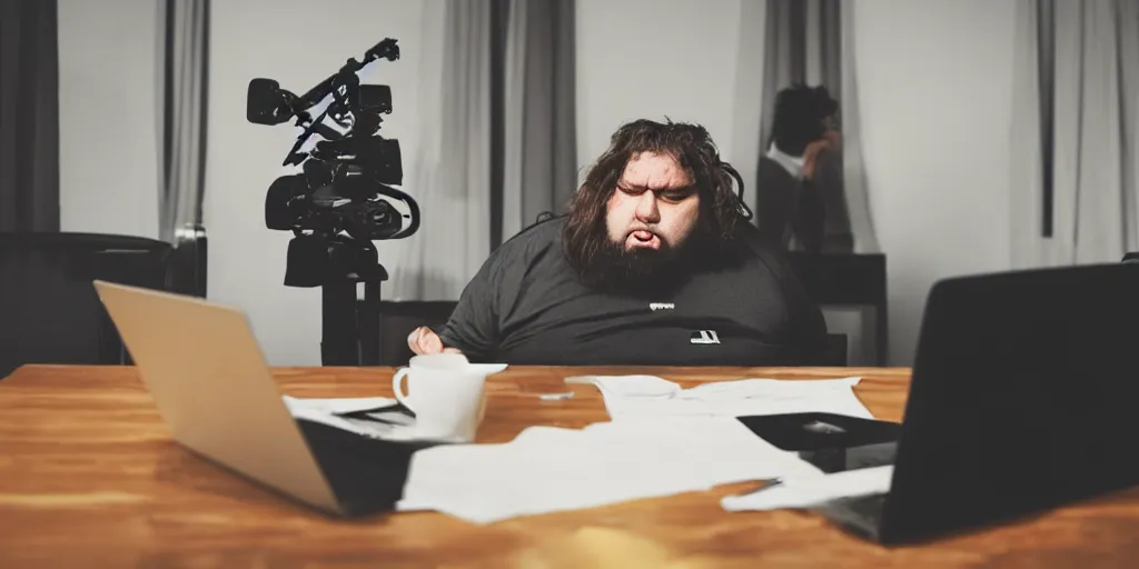 Prompt: silhouette angry fat pimply videographer with long dirty hair type angry comment on laptop sitting near table, mid range view from side