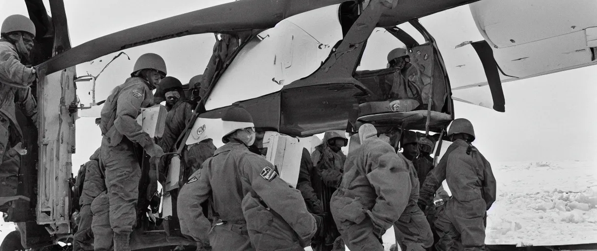 Image similar to extreme closeup color movie like 3 5 mm photograph of a middle aged caucasian us soldiers unloading dark grey metal rectangular crate from a black military 1 9 8 2 helicopter at a top secret military base in antarctica