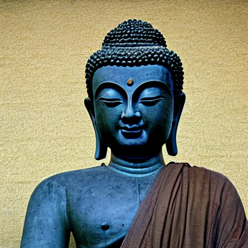 Prompt: kodak portra 1 6 0 3 5 mm photograph of bored buddha, 8 k ultra - detailed, real photography, hightly detailed, hyper realistic, photographic, wide angle lens, focuses on the nuances of the human face and subtle shifts in tonal value, silhouette composition, neutral, cool - toned palette, fluid patterns, powerful composition