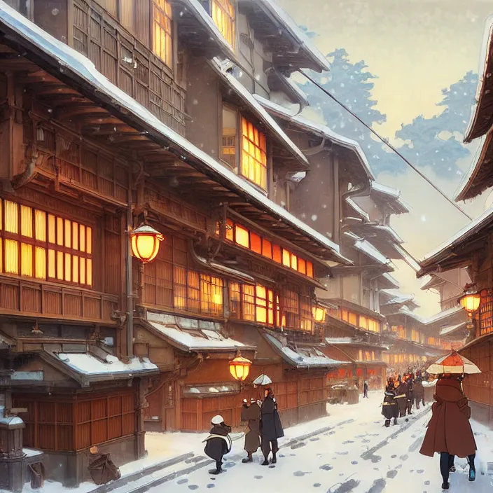 Image similar to japanese city, winter, in the style of studio ghibli, j. c. leyendecker, greg rutkowski, artem