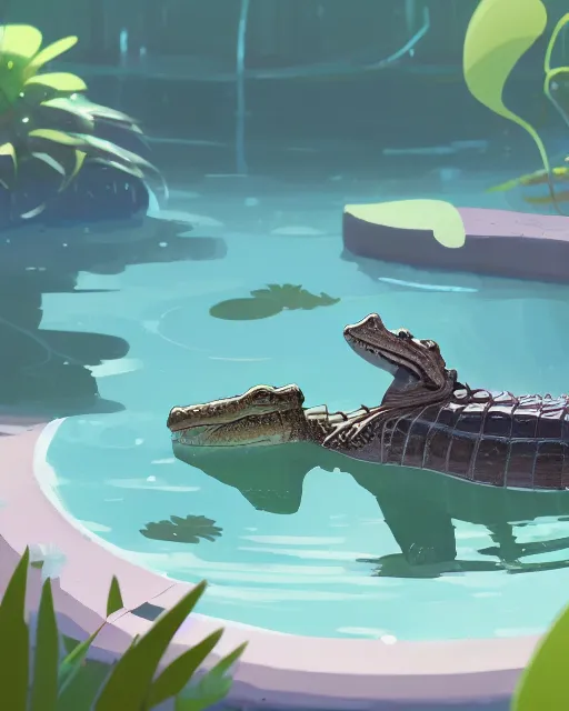 Image similar to a cute alligator taking a bath in a hot spring with lush vegetation around, cory loftis, james gilleard, atey ghailan, makoto shinkai, goro fujita, character art, rim light, exquisite lighting, clear focus, very coherent, plain background, soft painting