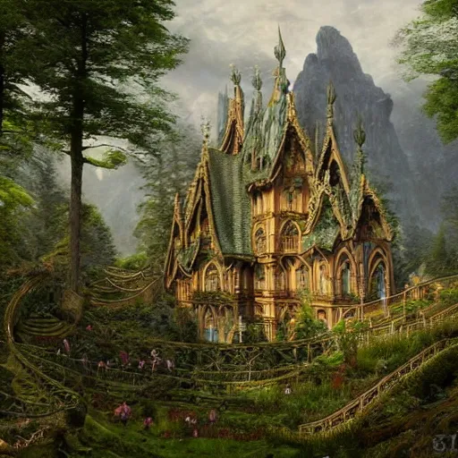 Prompt: a beautiful and highly detailed matte painting of an elven garden palace in a breath taking forest in a deep valley in the beautiful mountains of avalon, celtic knots, detailed woody trees, intricate details, epic scale, insanely complex, 8 k, sharp focus, hyperrealism, very realistic, by caspar friedrich, albert bierstadt, james gurney, brian froud,
