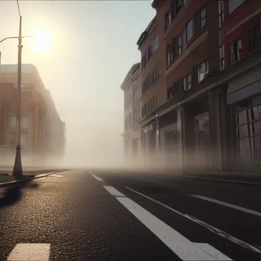 Prompt: still shot of a street covered in morning fog, highly detailed, photorealistic portrait, bright studio setting, studio lighting, crisp quality and light reflections, unreal engine 5 quality render