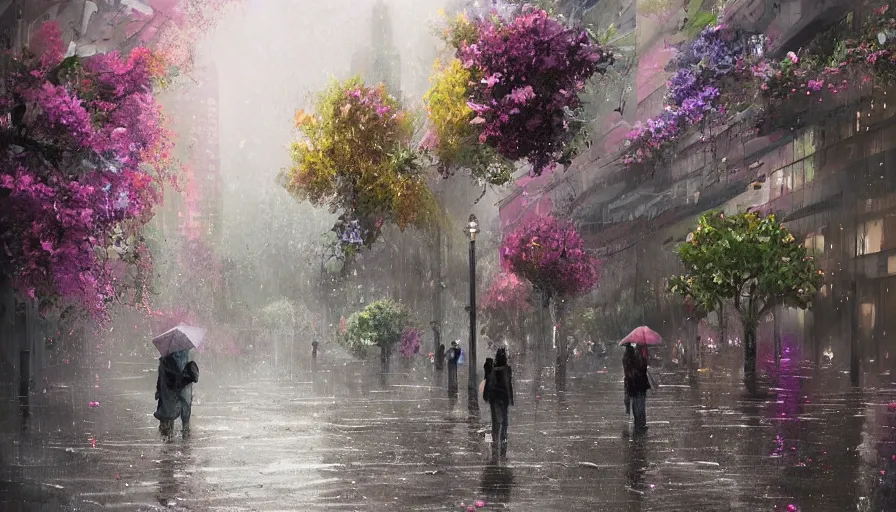 Prompt: city full of flowers, plant and trees, during heavy rain, artstation