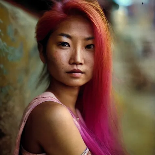 Prompt: a beautiful asian woman with pink hair and tan skin, portrait photograph, nikon 3 5 mm, photograph by annie leibovitz and steve mccurry,