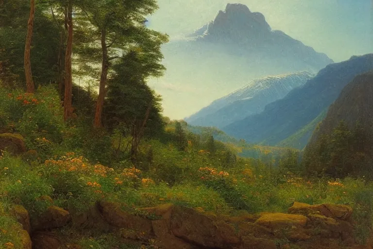 Prompt: mountains, trees, beautiful nature, very detailed, focused, oil painting, colorful, canvas, artstation, Sydney Mortimer Laurence, Albert Bierstadt, Theodor Kittelsen, Hans Dahl, Konstantin Yakovlevich Kryzhitsky, Hermann Hendrich