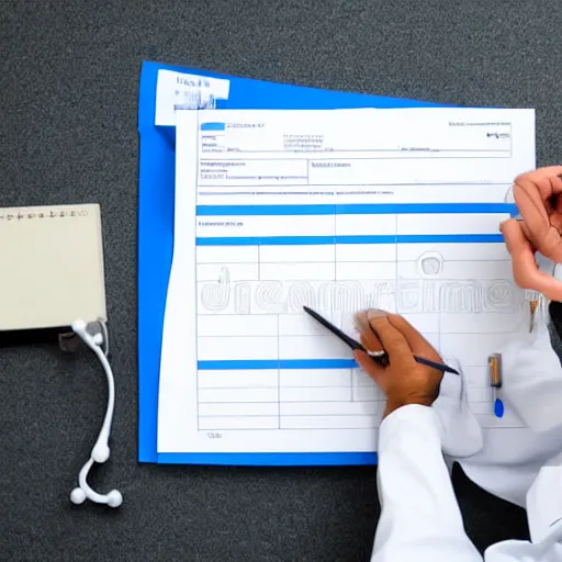 Prompt: Doctor filling a release form. stock photography