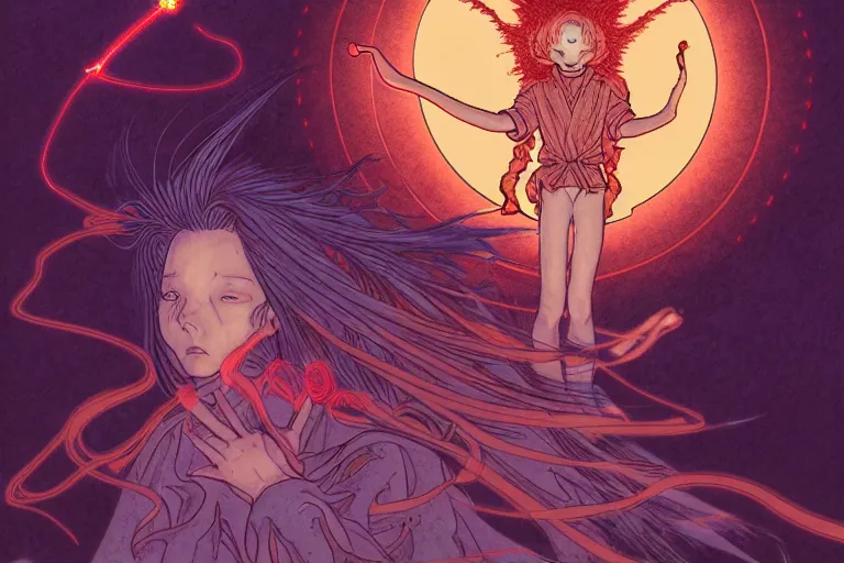 Image similar to digital illustration of a child summoning an occult spectral demon, in the style of moebius, ayami kojima, 9 0's anime, retro fantasy