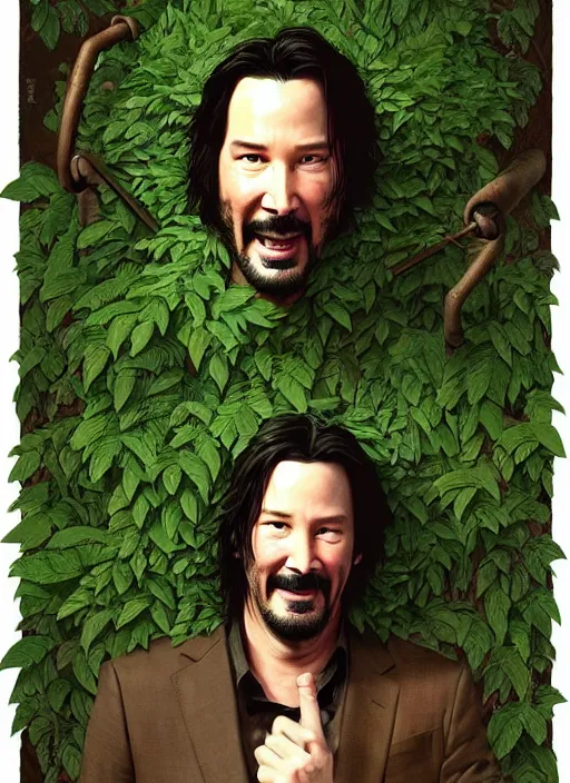 Image similar to highly detailed comedy caper movie poster with silly wacky zany keanu reeves as a sentient pile of leaves, keanu reeves green face as a sentient leafy bush by greg rutkowski, masterpiece, really funny, 1 0 / 1 0 comedy