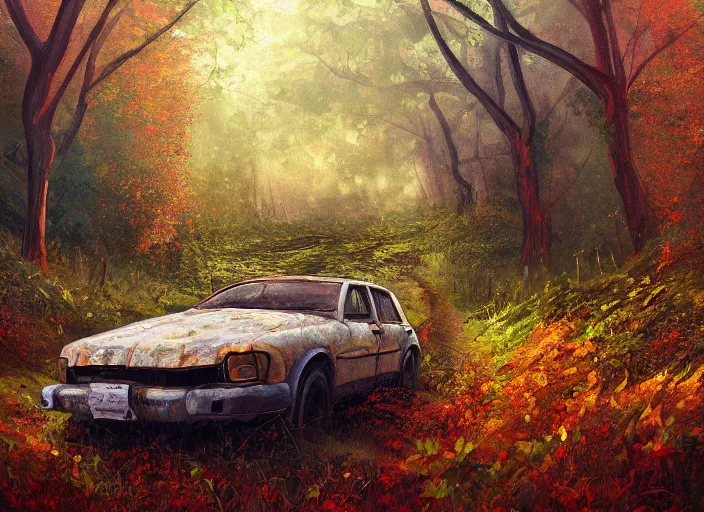 Prompt: A painting of an overgrown car in a forest, vines coming down from the tall trees, autumn, rocky ground, digital art, trending on Artstation, immaculate scale, amazing composition, detailed painting