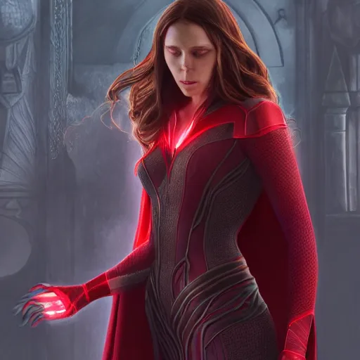 Prompt: movie still of scarlet witch rewriting the fabric of reality, photorealistic art style, fantasy aesthetic. full - body photography, comprehensive art, thorough details, intricate, artstation, cgsociety contest winner