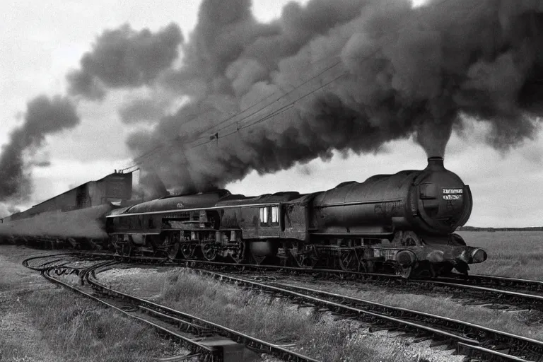 Prompt: black and white photograph of the lner a 4 mallard thundering down the rails at high speed, black smoke wooshing from the locomotive, cinematic, volumetric light, f 6 aperture, cinematic eastman 5 3 8 4 film