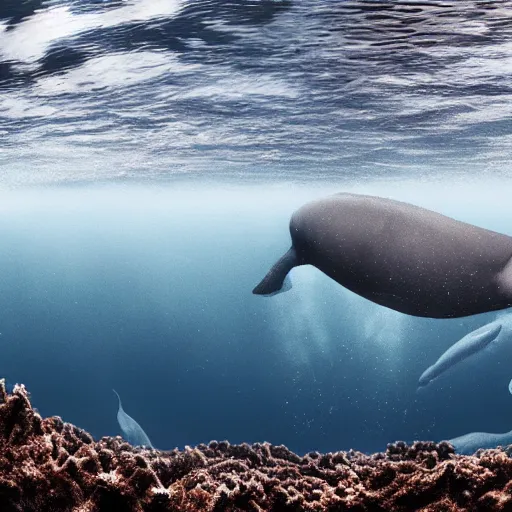 Prompt: hyperrealistic underwater photography, panoramic picture of an ocean floor with some baluga whales. focus on the whales. the whales are anatomically correct and highly detailed. lots of bubbles. seaweed and some rocks. gloomy scattered light entering from the water surface, trending on artstation, hq, 8 k