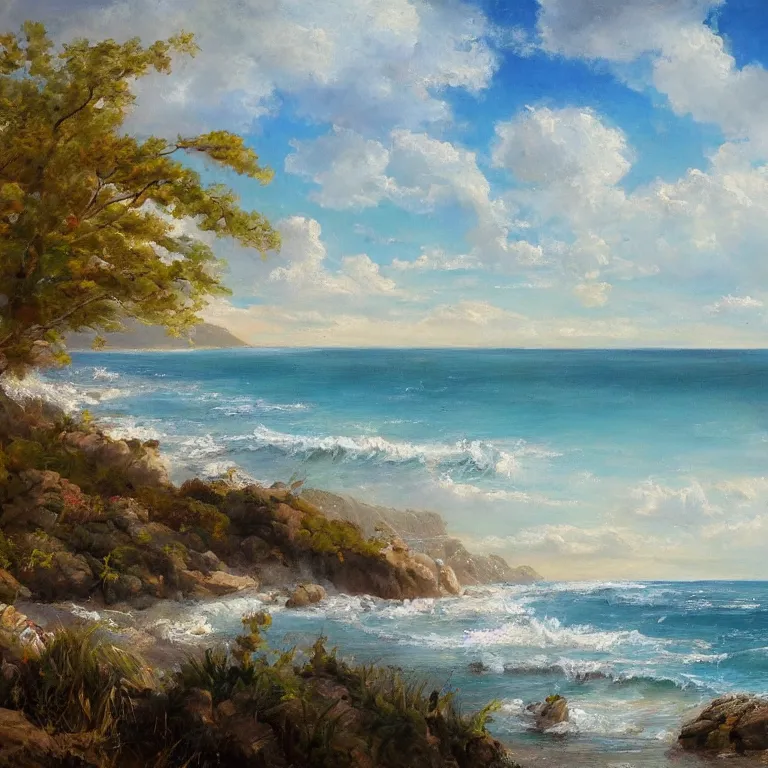 Image similar to a beautiful masterpiece painting of a coastal beach seascape in spring with by juan gimenez, award winning, trending on artstation,