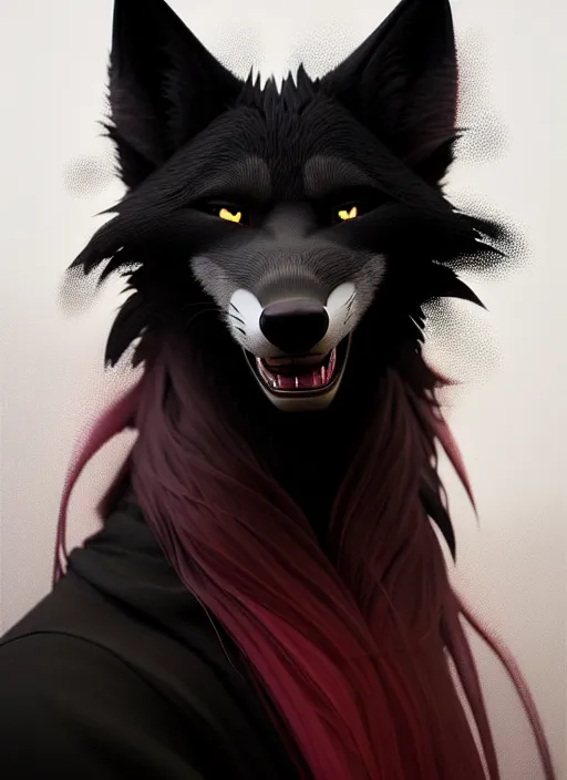 Image similar to beautiful headshot portrait of a black male anthropomorphic black wolf fursona long red hair. character design by cory loftis, fenghua zhong, ryohei hase, ismail inceoglu and ruan jia. artstation, volumetric light, highly detailed, photorealistic, fantasy, rendered in octane