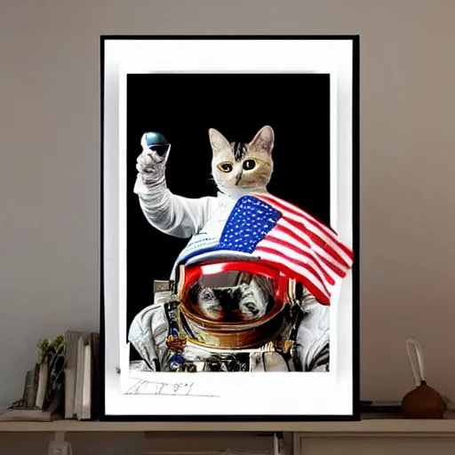 Image similar to astronaut cat on board the sputnik 2, realistic, photo, detailed, patriotic