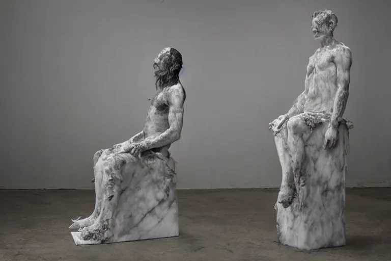 Image similar to a sculpture of a person sitting on a chair, a white marble sculpture covered with floating wax by nicola samori, behance, neo - expressionism, marble sculpture, apocalypse art, made of mist