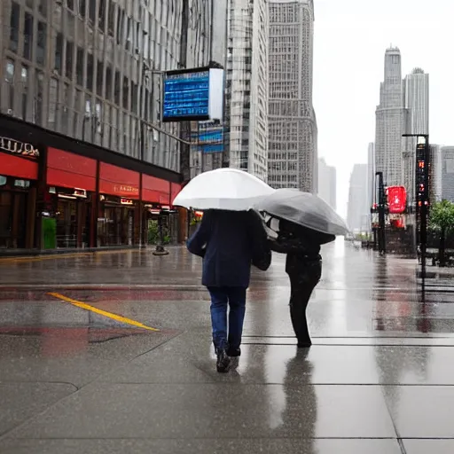 Image similar to rainy day on the miracle mile in chicago, view of the sidewalk ( on the right ) with the street and buildings on the left, all is grey and rainy, and the street is shiny. a well - dressed couple with an umbrella are hurrying towards the viewer.