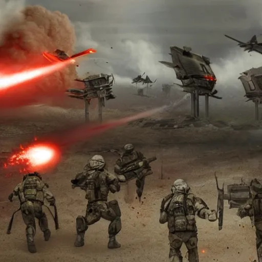 Prompt: science - fiction futuristic apocalyptic war scene with explosions, soldiers firing - n 9