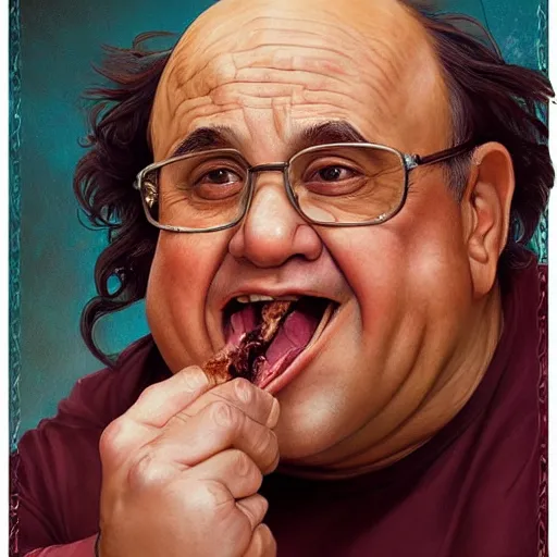 Image similar to portrait of danny devito eating pizza, highly detailed, digital painting, artstation, concept art, sharp focus, illustration, art by artgerm and greg rutkowski and alphonse mucha