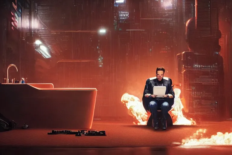 Image similar to hyperrealism aesthetic ridley scott and denis villeneuve style photography of a detailed hyperrealism elon musk, siting on a detailed cyberpunk toilet and scrolling his smartphone in hyperrealism scene from detailed art house movie in style of alejandro jodorowsky and wes anderson