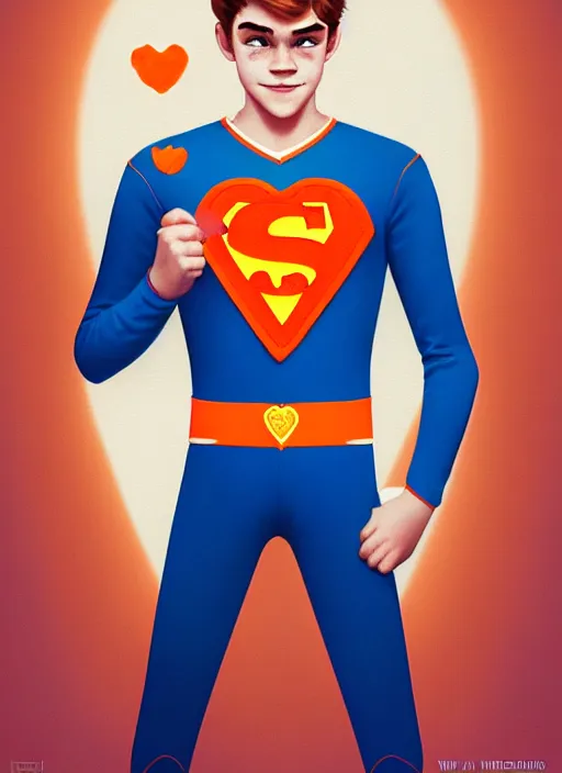 Image similar to friendly teenage archie andrews wearing an orange superhero costume with heart logo, heart, freckles, blue cape, heart emblem on chest, blue cape, intricate, elegant, glowing lights, highly detailed, digital painting, artstation, sharp focus, illustration, art by wlop, mars ravelo and greg rutkowski