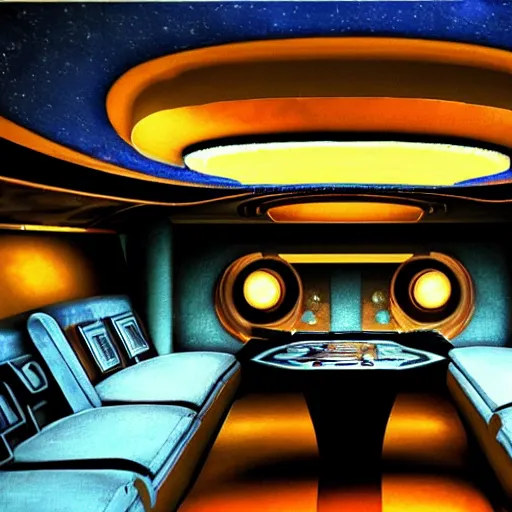 Prompt: art deco spaceship interior, realistic, cinematic, vibrant.