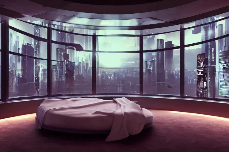 Image similar to a futuristic bedroom with large curved ceiling high windows looking out to a far future cyberpunk cityscape, cyberpunk neon lights, raining, scifi