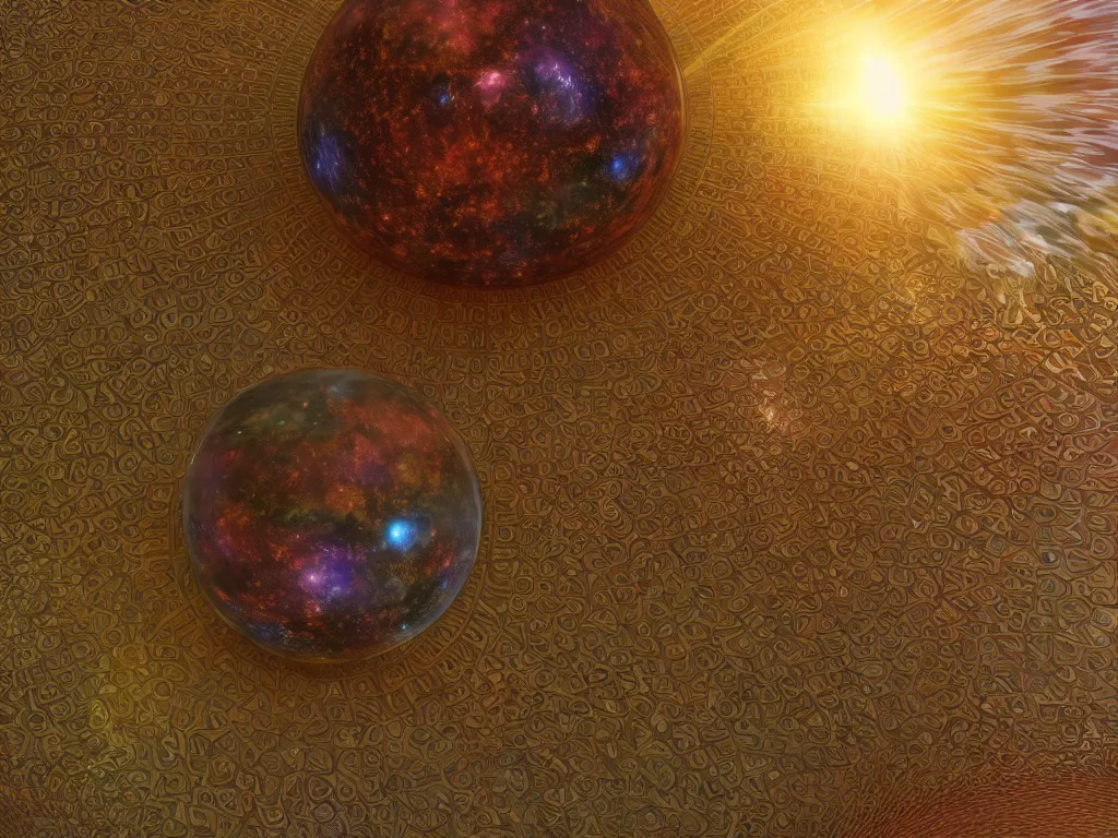 Image similar to 3 d render, sunlight study, the universe is a spheroid region 7 0 5 meters in diameter, art nouveau, by hans zatzka and ( ( ( ( ( lisa frank ) ) ) ) ), 8 k, sharp focus, octane render