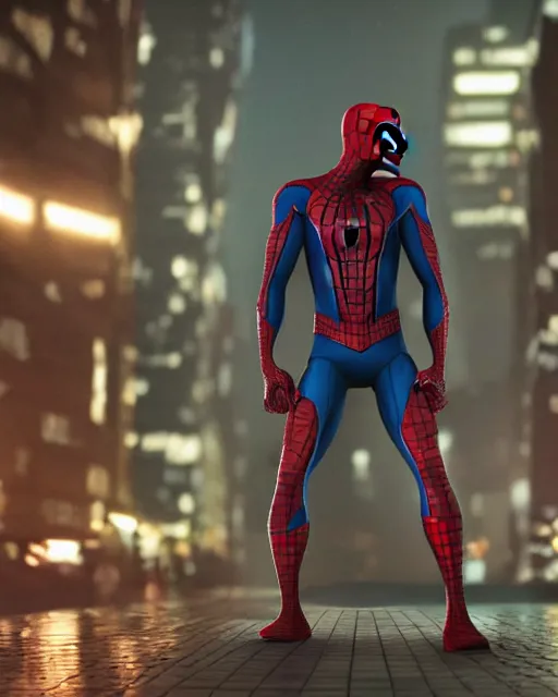 Image similar to off angle beautiful full body shot film still of spiderman at night in science fiction city hard surface modeling unreal redshift