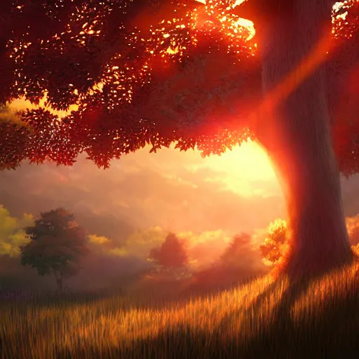 Image similar to golden hour, trees, nature, concept art, Makoto Shinkai, fabulous, 4K