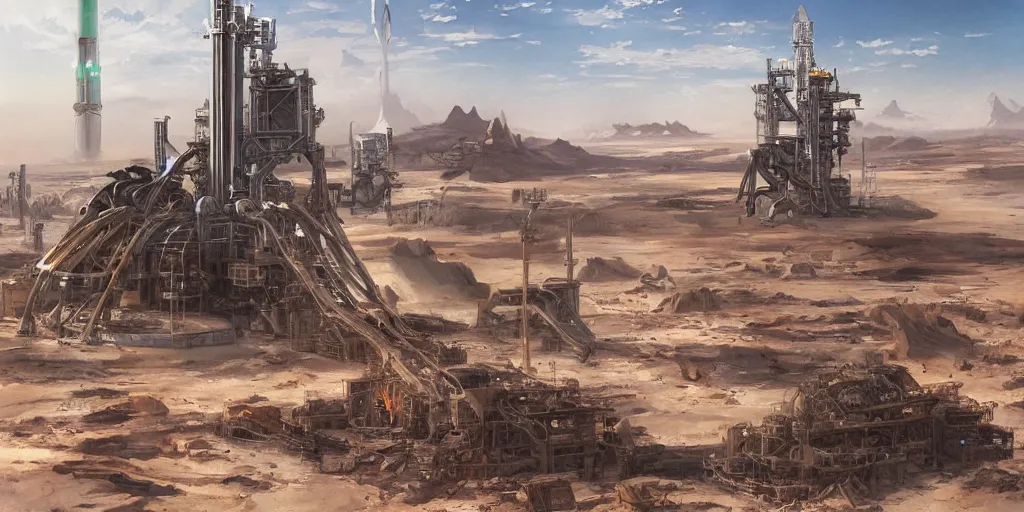 Image similar to anime spaceport rocket launch site in desert steampunk key by greg rutkowski ultrahd fantastic details