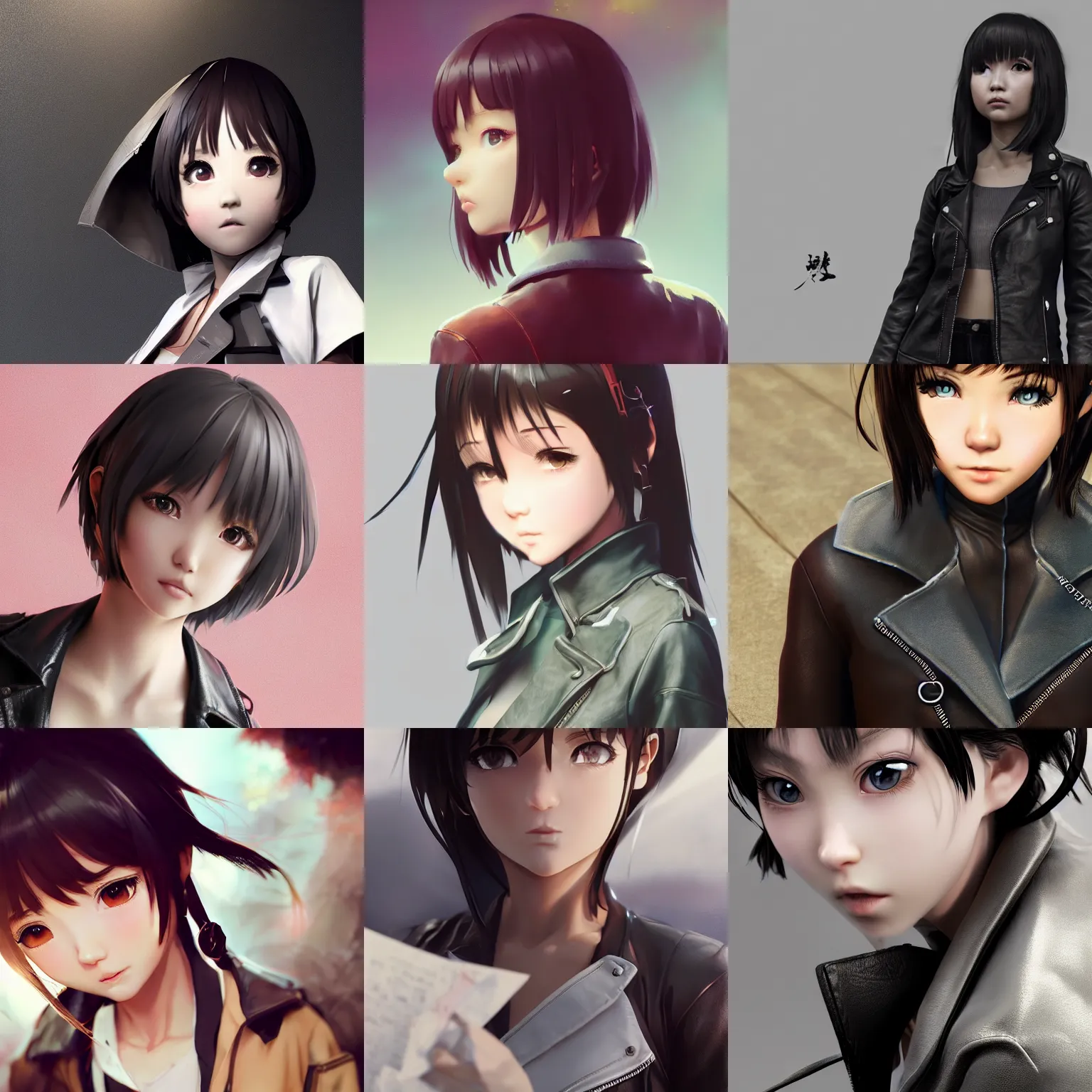 Image similar to clothed, worksafe. cgsociety, by wlop, ilya kuvshinov, krenz cushart, greg rutkowski, trending on artstation. zbrush sculpt, octane, maya, houdini, vfx. close - up face of a cute anime japanese filipino girl wearing leather jacket. cinematic dramatic atmosphere, sharp focus, volumetric lighting.