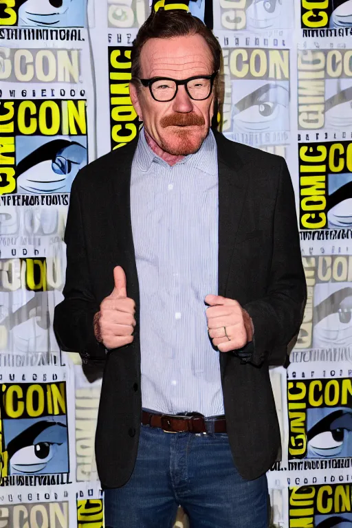 Prompt: candid photo of Bryan Cranston cosplaying Hermione Granger at ComicCon